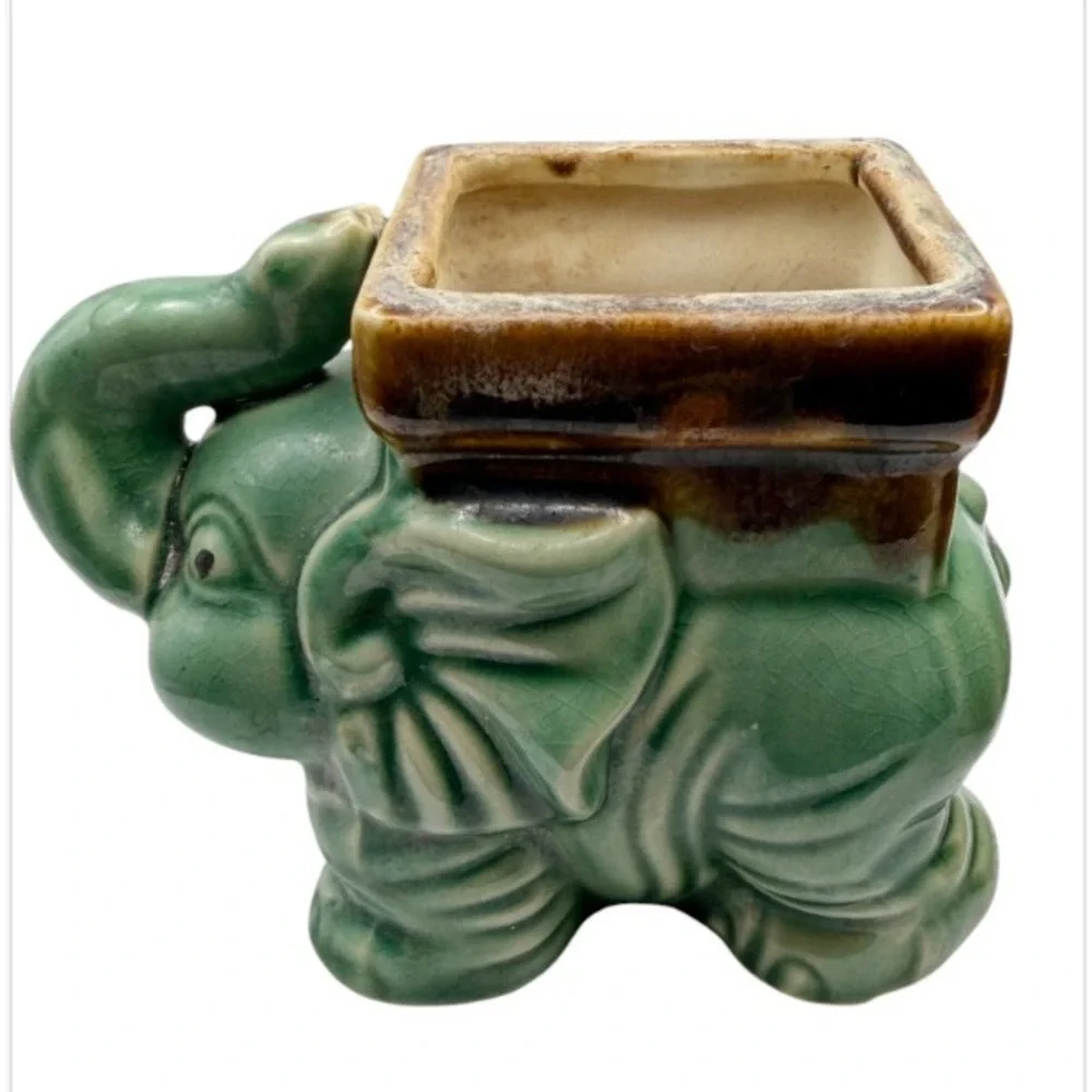 VTG Lucky Trunk Up Elephant Planter Cachepot Pair  Ceramic Green Brown MCM Decor